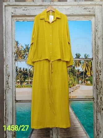 Ladies Summer Collar Down Drawstring Shirts With Long Skirts